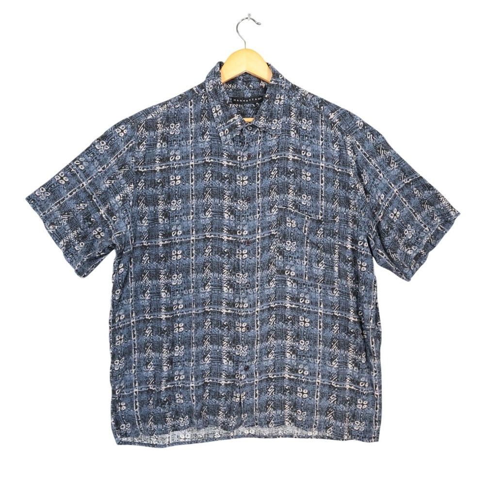 Manhattan Vintage Shirt Mens XL Blue Excellent Short Sleeve Button Up Print‎